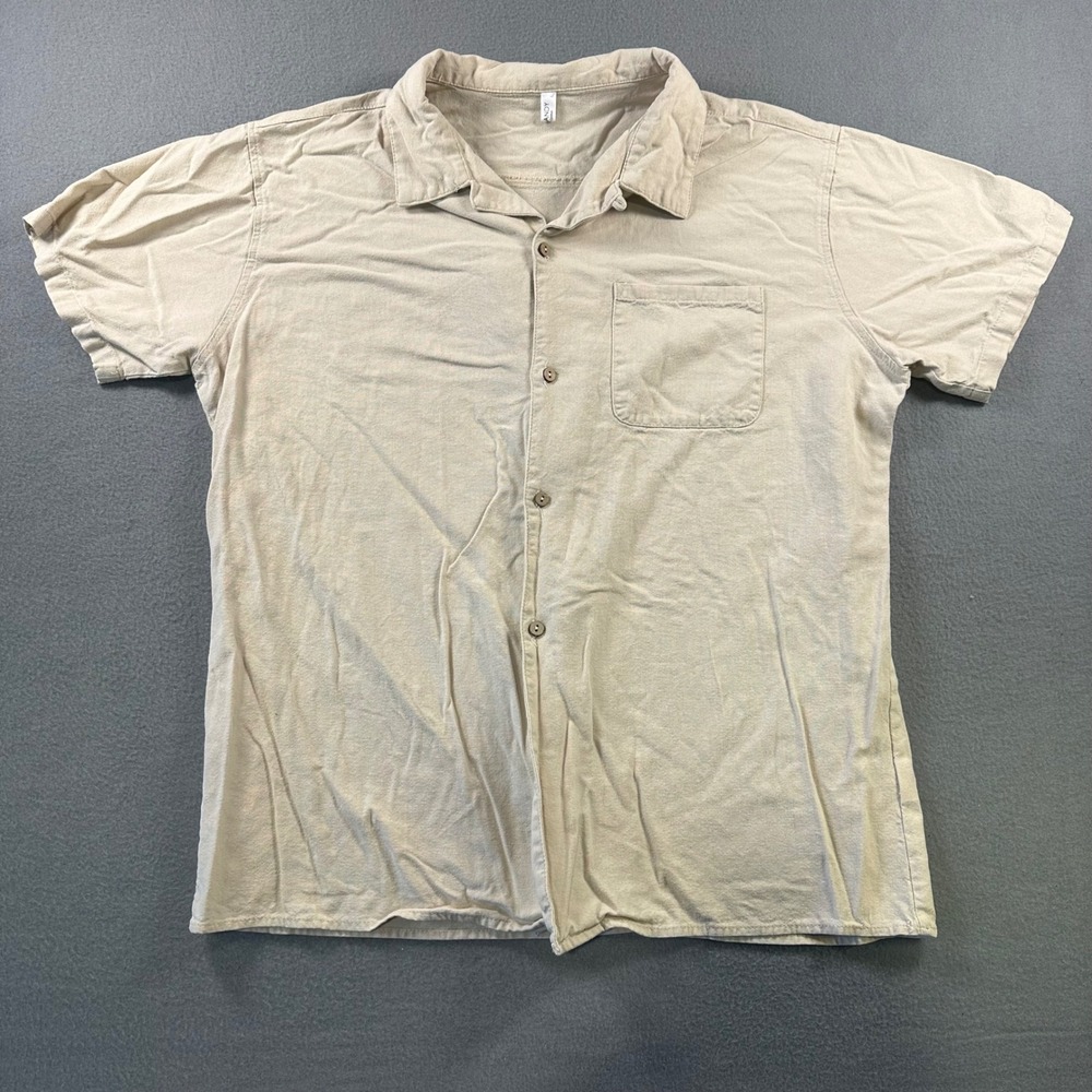 Andy Mens Tan Rayon Linen Short Sleeve Button Down Shirt Large Beige Pocket